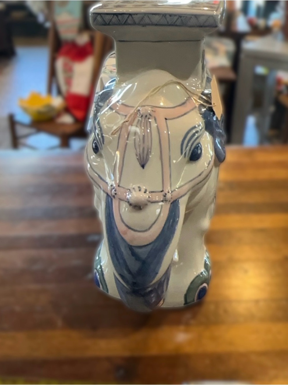 Antique Decorative Ceramic Elephant in Blue and Pink